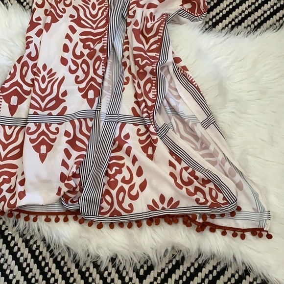Swim cover up ball fringe rust cream and black color kimono, robe - Picture 3 of 6